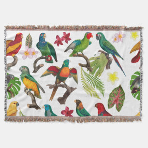 Colourful Tropical Parrots, Leaves & Flowers Throw Blanket