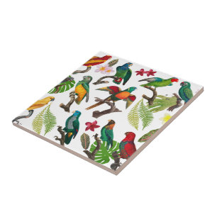 Colourful Tropical Parrots, Leaves & Flowers  Tile