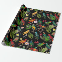 Colourful Tropical Parrots, Leaves & Flowers 
