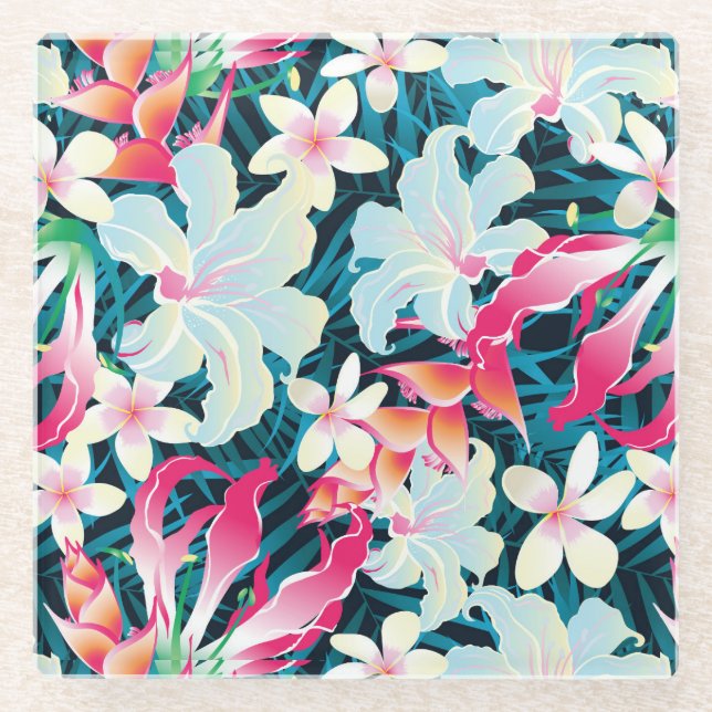 Colourful Tropical Pattern Glass Coaster (Front)