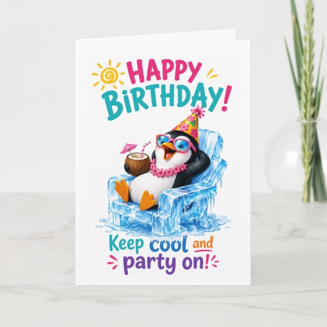 Colourful Tropical Penguin Birthday Celebration Card (Front)