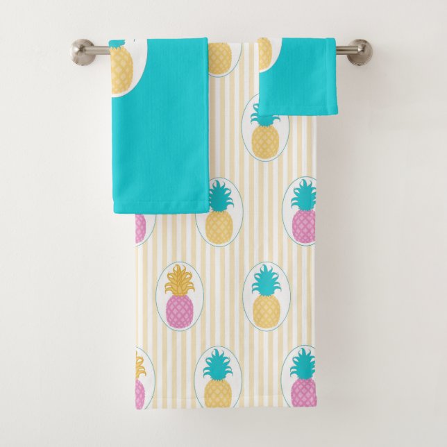 Colourful Tropical Pineapple Stripe Pattern Bath Towel Set (Insitu)