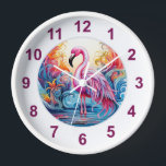 Colourful Tropical Pink Flamingo Modern Clock<br><div class="desc">Colourful Tropical Pink Flamingo Modern Watches features a colourful tropical paradise with a pink flamingo surrounded by tropical flowers. Created by Evco Studio www.zazzle.com/store/evcostudio</div>