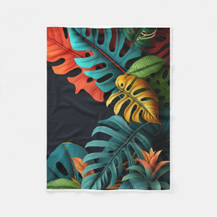 Colourful Tropical Plant Leaves On Dark Background Fleece Blanket