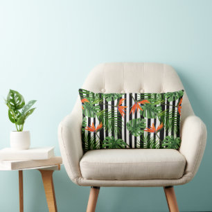 Colourful Tropical Plant, Palm Leaves and Bird Lumbar Cushion