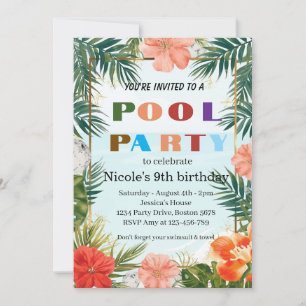 Colourful Tropical Pool Party 9th Birthday Invitation