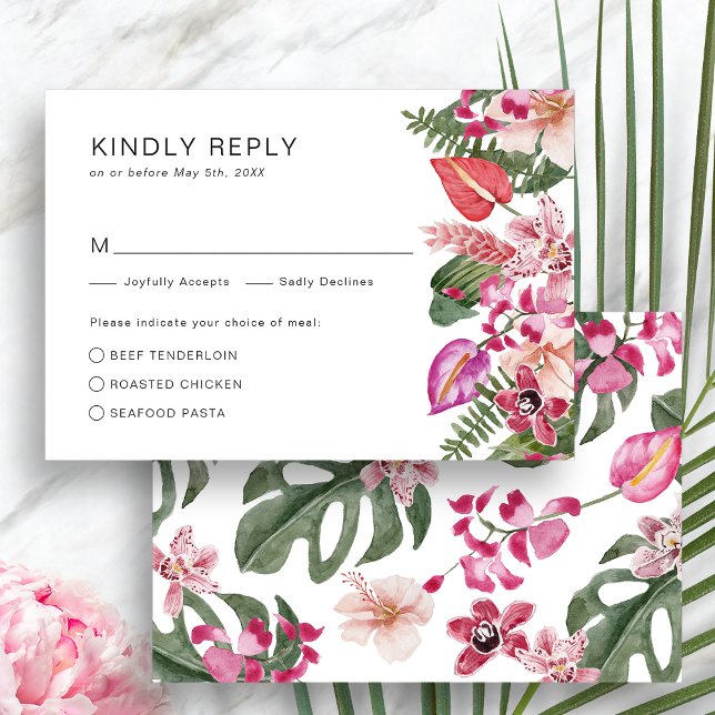 Colourful Tropical RSVP Card (Elegant Colorful Tropical Floral  RSVP Card by Painted Paperie)