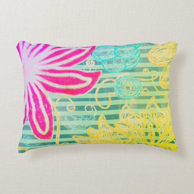 Colourful Tropical Stripes and Florals Decorative Cushion (Front)