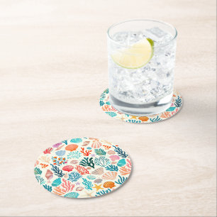 Colourful Tropical Summer Coral Seashell Round Paper Coaster