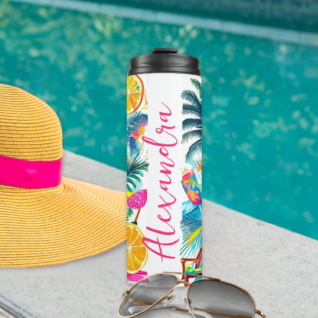 Colourful Tropical Summer Custom Name  Thermal Tumbler (The perfect tumbler to keep your drink cool at the beach or at the pool!)