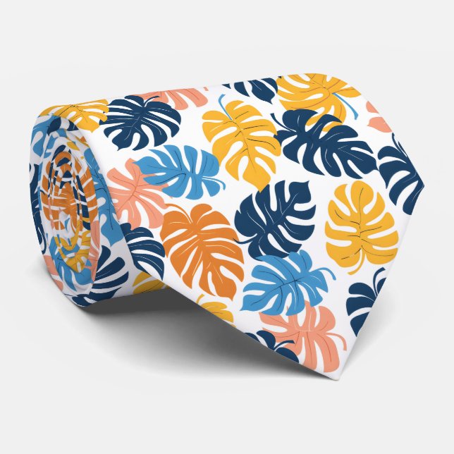 Colourful tropical tiled leaf pattern  tie (Rolled)