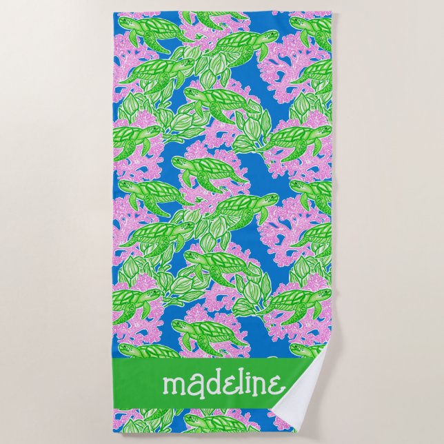 Colourful Tropical Turtles Pattern Personalised Beach Towel (Front)