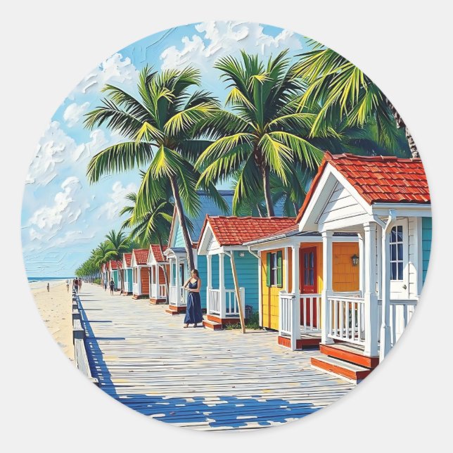Colourful Tropical Vibrant Beach Huts Classic Round Sticker (Front)