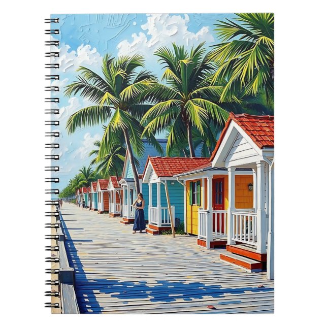 Colourful Tropical Vibrant Beach Huts Notebook (Front)