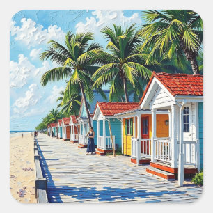 Colourful Tropical Vibrant Beach Huts Square Sticker