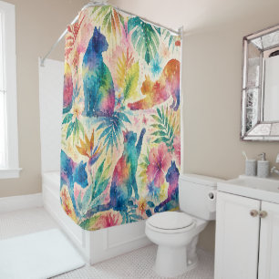 Colourful Tropical Watercolor Cat Silhouettes Shower Curtain
