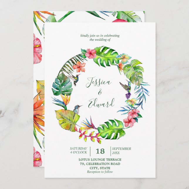 Colourful Tropical Watercolor Floral Wreath Invitation (Front/Back)