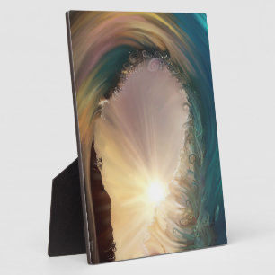 Colourful tropical wave breaking at sunset plaque
