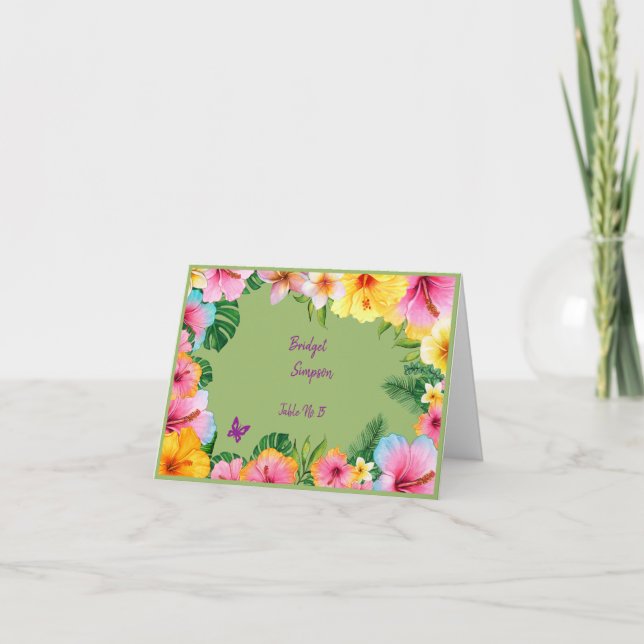colourful tropical wedding guest name seating card (Front)