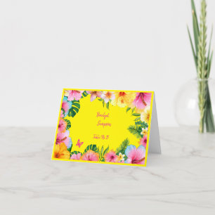 colourful tropical wedding guest name seating card