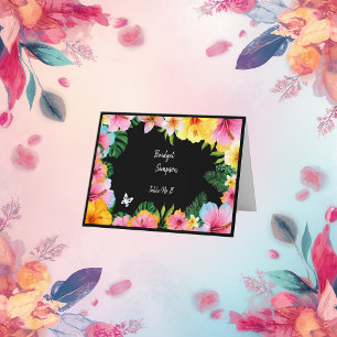 colourful tropical wedding guest name seating card