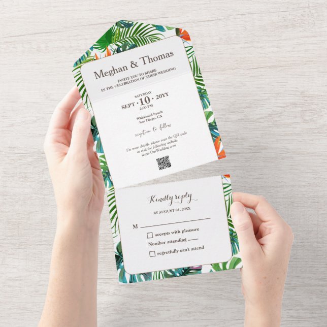 Colourful Tropical Wedding with QR Code RSVP All In One Invitation (Tearaway)