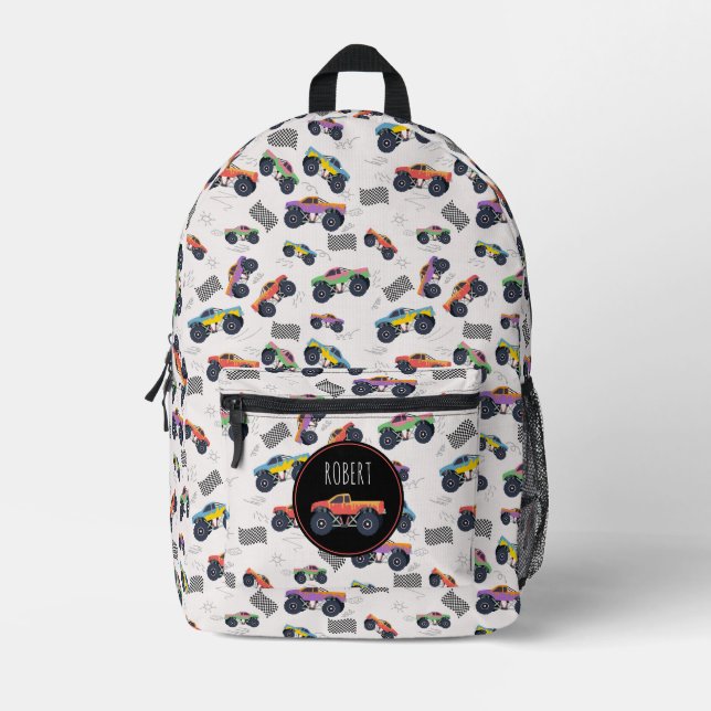 Colourful Trucks Racing Kids Custom Name Printed Backpack (Front)