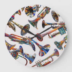 Colourful Trumpets, Trumpets Print, Trumpet Art Large Clock