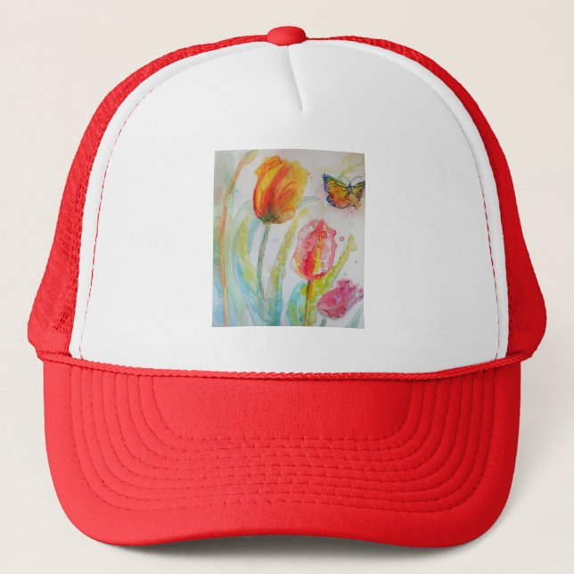 Colourful Tulip and Butterfly Watercolor floral Trucker Hat (Front)
