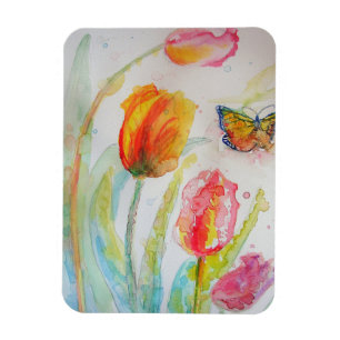 Colourful Tulip and Butterfly Watercolor Greetings Magnet