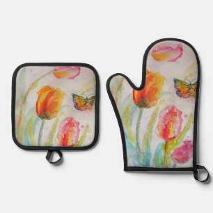 Colourful Tulip and Butterfly Watercolor Painting  Oven Mitt & Pot Holder Set