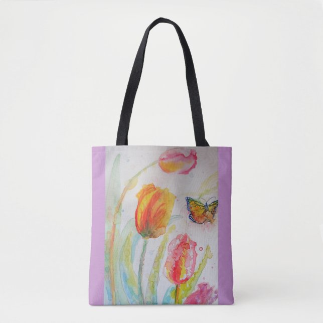 Colourful Tulip and Butterfly Watercolor Tote Bag (Front)