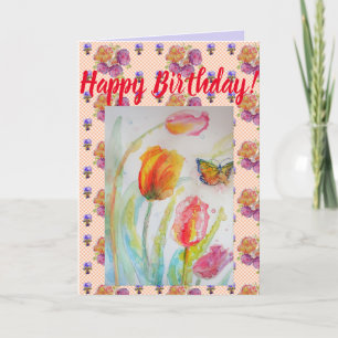 Colourful Tulip and Butterfly Watercolour art Card