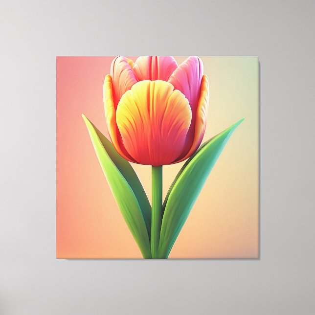 Colourful Tulip Bloom With Green Leaves Canvas Print (Front)