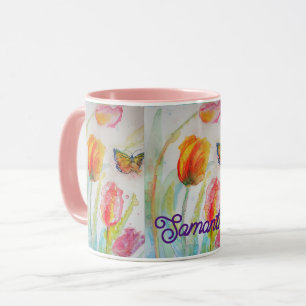 Colourful Tulip Butterfly Watercolor Customizable Mug