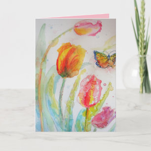 Colourful Tulip & Butterfly Watercolour Greetings Card