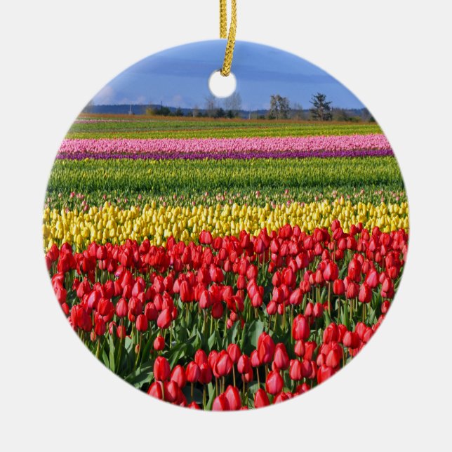 Colourful tulip field ceramic tree decoration (Front)