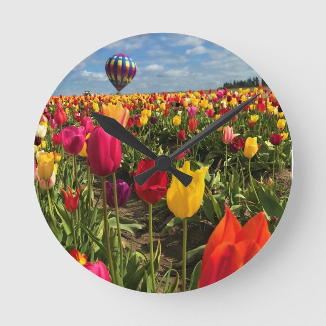 Colourful Tulip Field with Balloon Round Clock (Front)