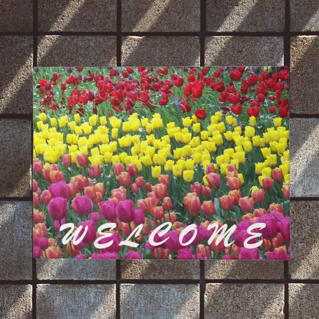 Colourful Tulip Garden Floral Welcome Doormat (In Situ)