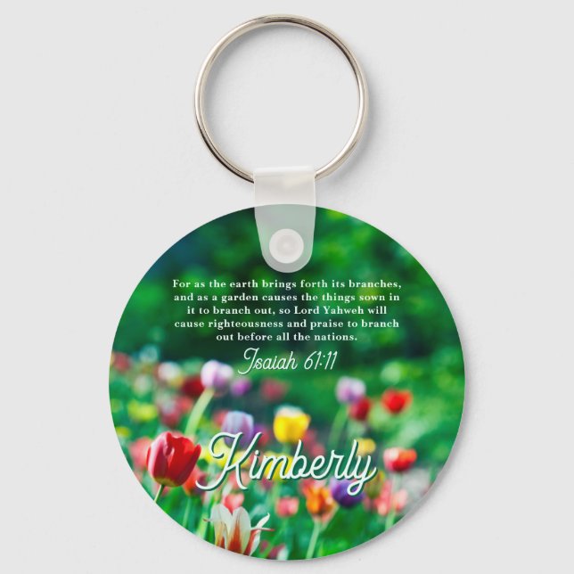 Colourful Tulip Garden Scripture Personalised Key Ring (Front)