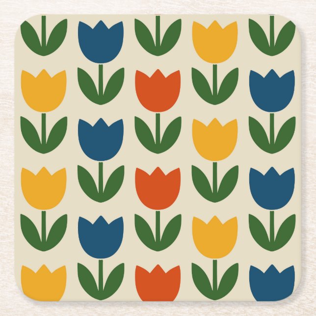 Colourful Tulip Pattern Square Paper Coaster (Front)