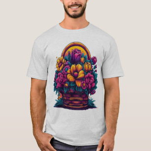 Colourful Tulips and Daisies Wicker Basket Art T-Shirt