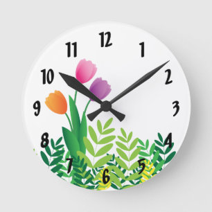 Colourful Tulips and Green Vegetation Round Clock