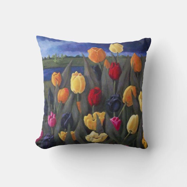 Colourful Tulips: Dutch, Holland: Acrylic Painting Cushion (Front)