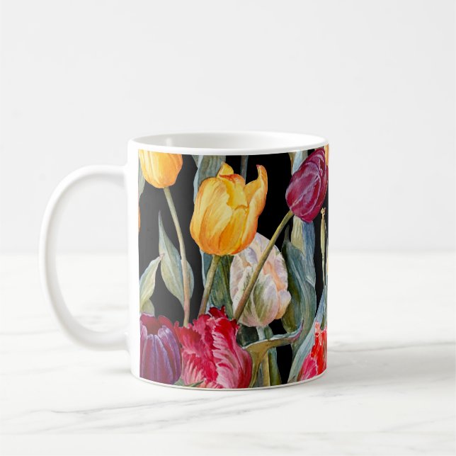 Colourful tulips, isolated black background. coffee mug (Left)