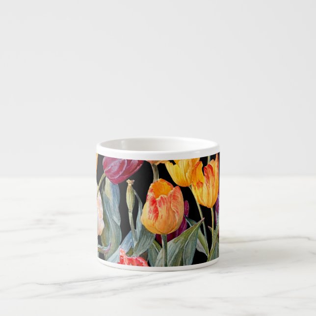 Colourful tulips, isolated black background. espresso cup (Front)