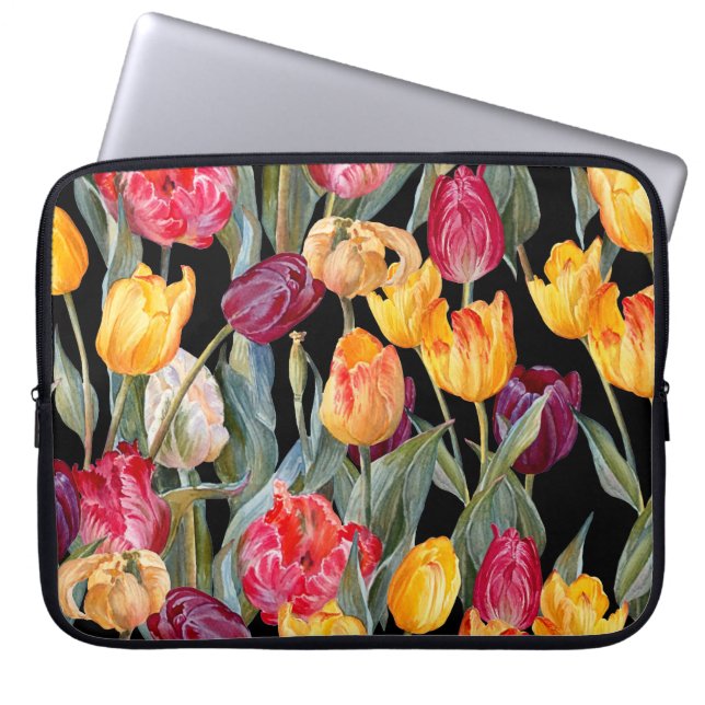 Colourful tulips, isolated black background. laptop sleeve (Front)