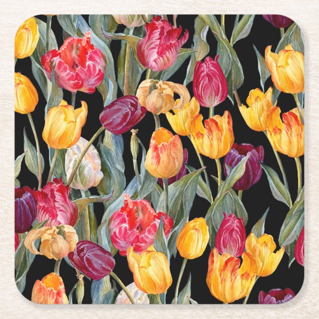 Colourful tulips, isolated black background. square paper coaster (Front)
