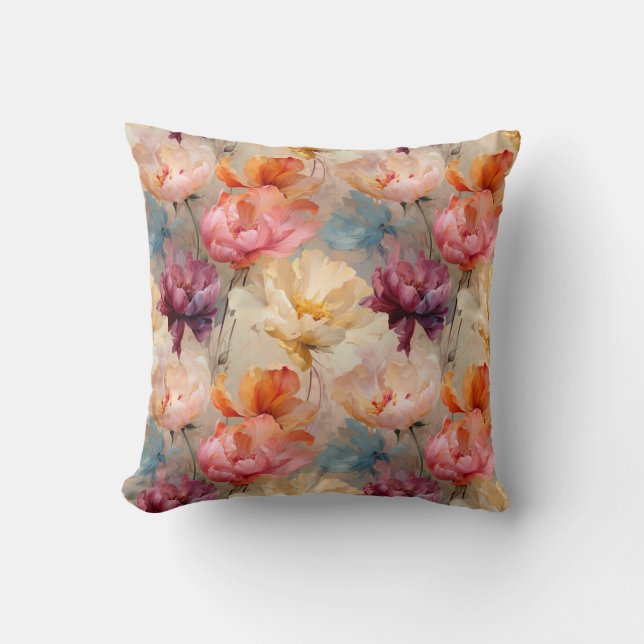 Colourful Tulips Watercolor Floral Pattern Cushion (Front)