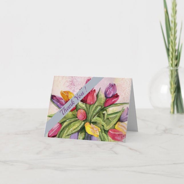 Colourful Tulips Watercolor Floral Thank You Card (Front)